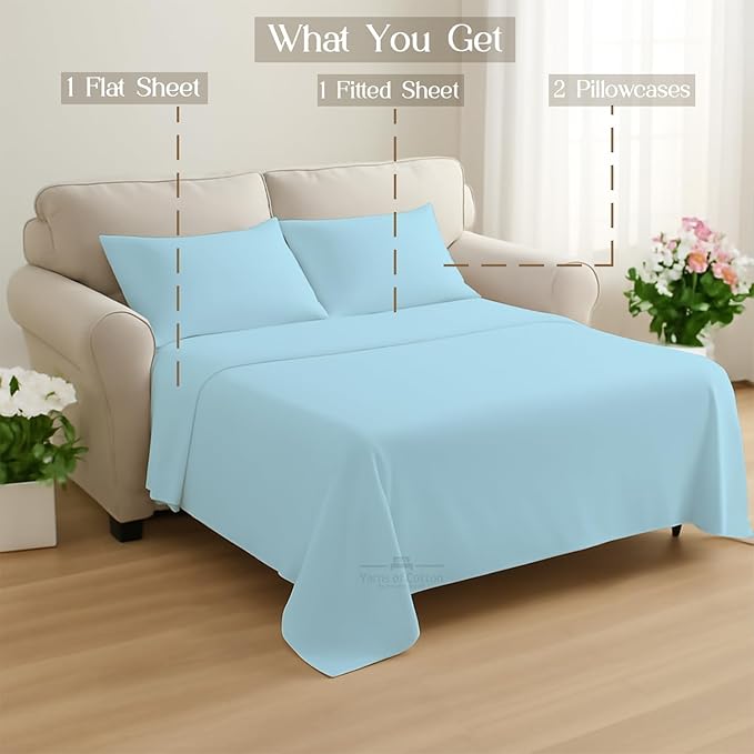 Sleeper Sofa 4 Piece Bed Sheet Set Premium Quality 100% Cotton 500 Thread Count, Smooth & Super Soft Sateen Weave, Extra Soft Bed Sheets, Wrinkle Free, 4 Inch Deep Pocket (Twin, Light Blue)