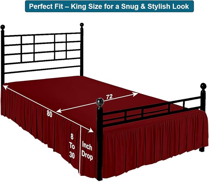 Shreem Linen Ruffled Bed Skirt with Split Corners, Gathered Style, 100% Microfiber, 8-Inch Drop, Dust Ruffle Bedskirt with Platform, King, Burgundy