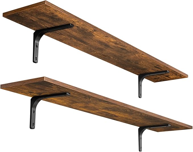 DINZI LVJ Long Wall Shelves, 47.3Inch Wall Mounted Shelves Set of 2, Extra Large Floating Storage Ledges with Sturdy Metal Brackets for Living Room, Bathroom, Bedroom, Kitchen, Rustic Brown