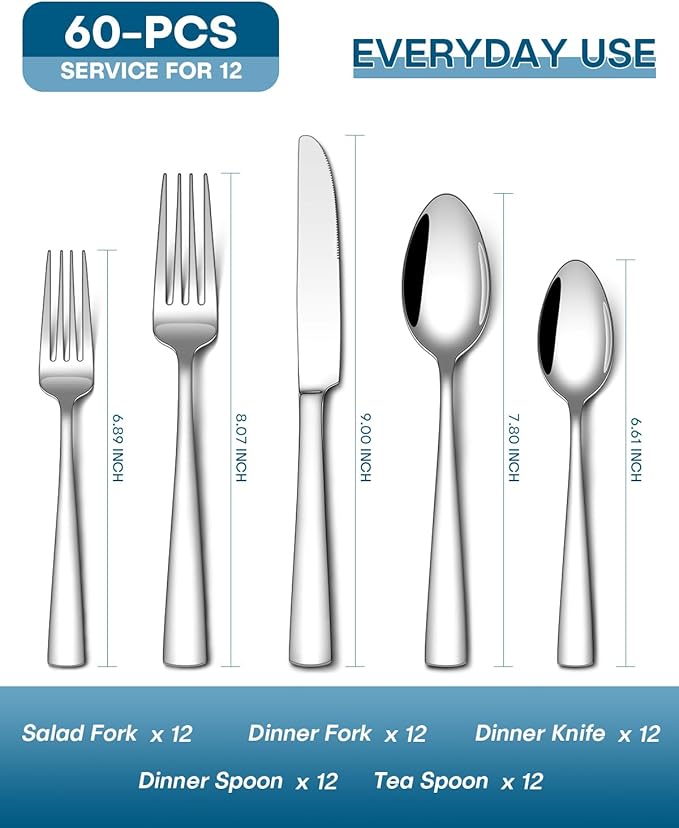 Stapava 60 Piece Silverware Set, Food-Grade Stainless Steel Flatware Sets for 12 Mirror Polished Cutlery Utensil Sets Include Dinner Knives Spoons and Forks Set Dishwasher Safe for Home Restaurant
