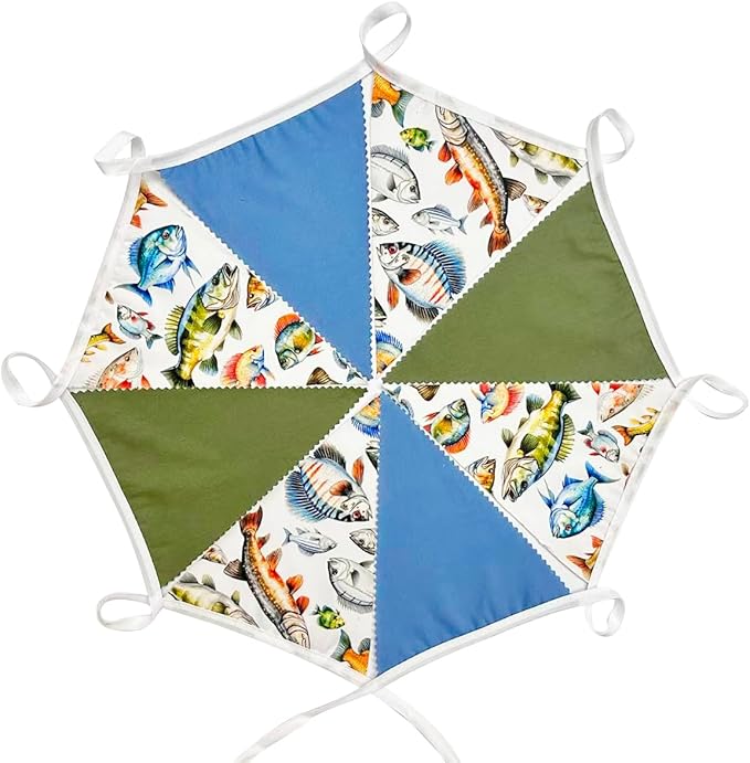 32Ft Gone Fishing Party Decorations Blue Green Fish Print Fabric Pennant Banner Triangle Flag Garland Streamer for Gone Fishing Birthday Little Fisherman Baby Shower Outdoor Fish Party Supplies