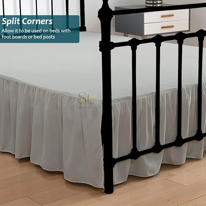 Shreem Linen Ruffled Bed Skirt with Split Corners, Gathered Style, 100% Microfiber, 12-Inch Drop, Dust Ruffle Bedskirt with Platform, King, Light Grey