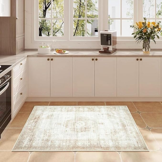 Area Rug 2x3 Entryway Rugs - Machine Washable Vintage Boho Area Rug Non-Slip Kitchen Rugs Soft Stain Resistant Indoor Door Mat, Small Oriental Throw Rug for Entrance Hallway Bedroom (Beige, 2'x3')