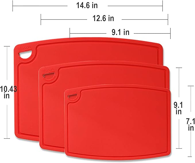 Liflicon Silicone Thick Cutting Boards Mats Set of 3pcs Foldable & Flexible Design Juice Grooves Easy Grip Handle Dishwasher Safe for Kitchen,BPA free Silicone Cutting Boards/Mats-Red