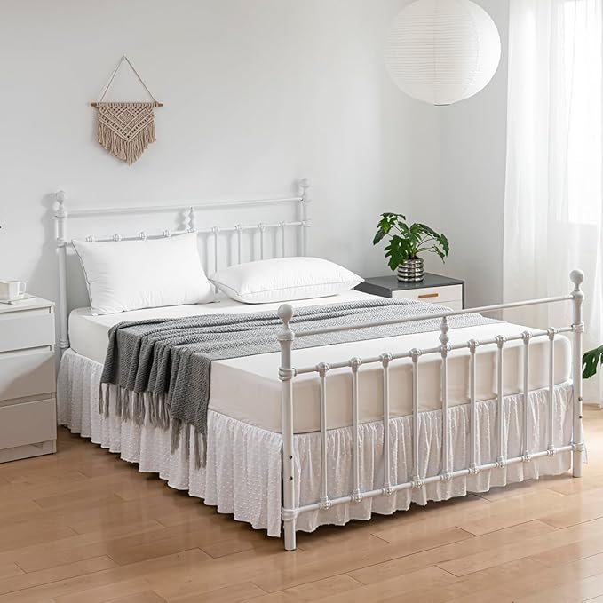 Tufted Dot Bed Skirt Full Size Ruffled Bed Skirt with Split Corners, 14 Inch Drop Dust Ruffle Bed Skirts with Platform, White