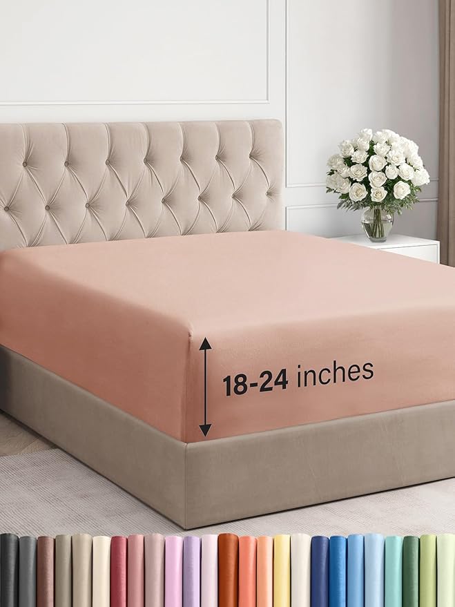 Extra Deep King Fitted Sheet - Hotel Luxury Single Fitted Sheet Only - Easily Fits 18 inch to 24 inch Mattress - Ultra Soft, Wrinkle Free w/Extra Deep Pockets - Easy-Care, Breathable & Comfy - Mauve