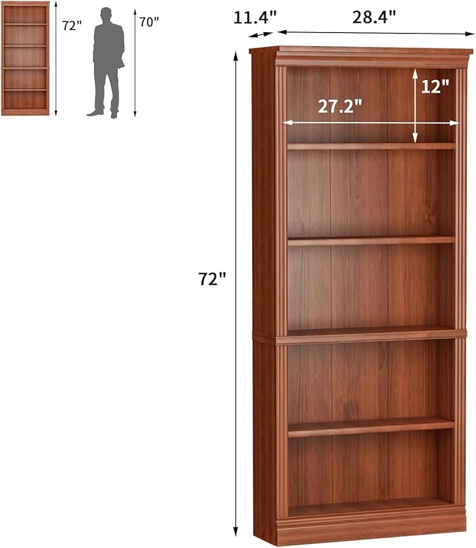 Furniwell Bookcase Bookshelves, 5-Shelf Tall Bookcase 71" Wood Open Display