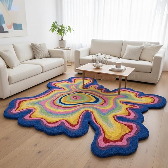 Irregular Shaped Handmade Wool Rug | Modern Colourful Stripe Premium Area Rug Perfect for Home Decor (IR-C, 3x3 ft)