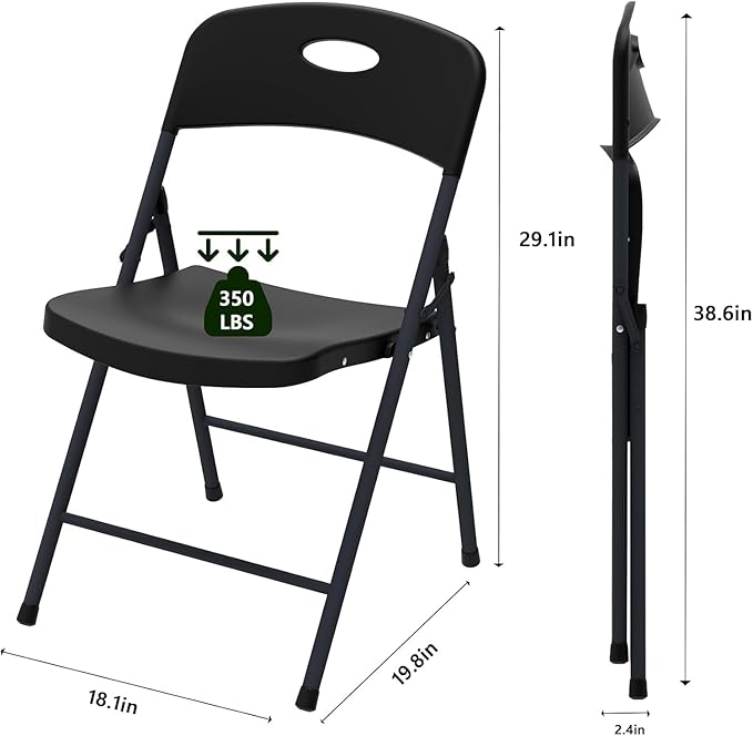 2 Pack Black Folding Chair, Plastic Portable Stackable Commercial Seats with Steel Frame 350lb, Heavy Duty Foldable Chair for Indoor and Outdoor, Patio, Office, Picnic, Kitchen, Events