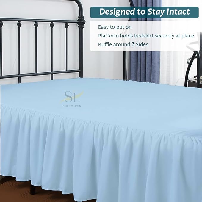 Shreem Linen Ruffled Bed Skirt with Split Corners, Gathered Style, 100% Microfiber, 28-Inch Drop, Dust Ruffle Bedskirt with Platform, Full-XXL, Light Blue
