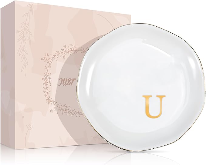 ProCase Ceramic Jewelry Tray, Initial Ring Dish Trinket Plate Engagement Gift, Small Personalized Monogram Ring Bowl for Wedding, White Decorative Jewelry Holder for Women Vanity -Letter U