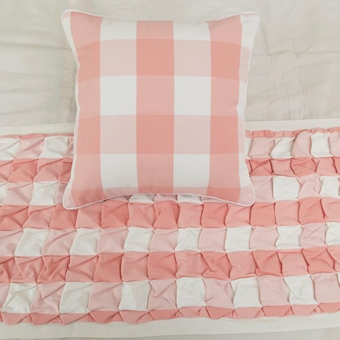 The HomeCentric King/Queen/Twin Peach Pink Decorative CA King 86"x18" Bed Runner with Pillow Cover, Textured & Buffalo Checks Bed Scarf on Cotton Fabric - Buffalo Plaid Peach