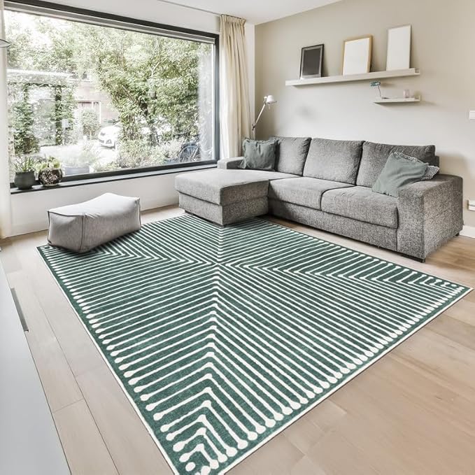 GLN Rugs Contemporary Collection - Machine Washable Area Rug, Contemporary Washable, Non Slip, Low Pile Chenille Rug, Living Room, Bedroom, Kitchen Rug (3' x 5' Beige Green)