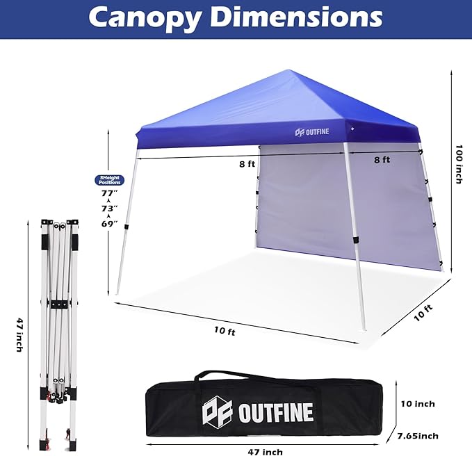 OUTFINE Canopy 10'X10' Slant Leg Pop Up Canopy, Outdoor Patio Portable Tent with Sidewall x1, Stakes x8, Ropes x4, 10x10 Base 8x8 Top