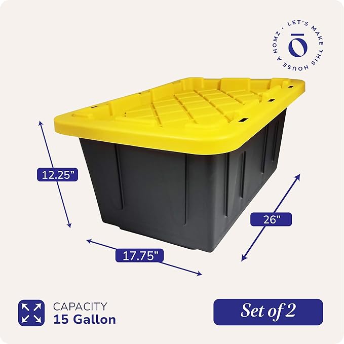 HOMZ 2-Pack Durabilt, Heavy Duty Plastic Storage Bins with Lids, 15 Gallon, Black/Yellow - Stackable Container Boxes for Home, Attic, and Garage Organization