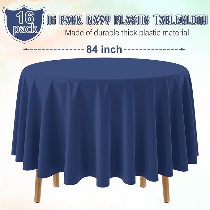 16 Pack Navy Blue Plastic Tablecloth for Round Tables, Premium Decorative Navy Blue Disposable Table Cloths for Parties, Navy Round Party Table Cover for Birthday Wedding Banquet Event, 84 Inch