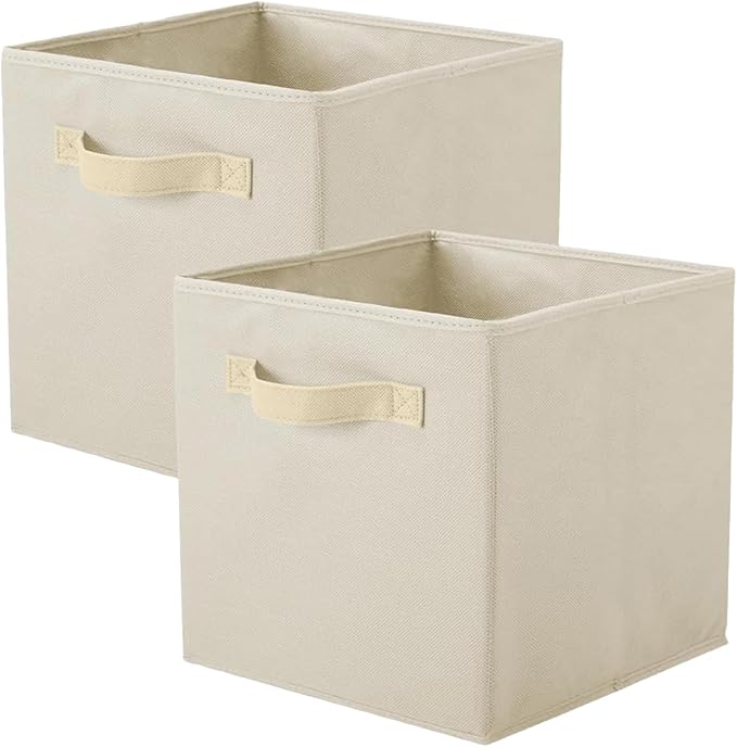 PowerKing Collapsible Storage Cubes with Handles, Fabric Foldable Bins for Closet Shelves, Durable Organization Storage Bins, 10.5'' x 11'' x 10.5'', 2 Pack, Cream