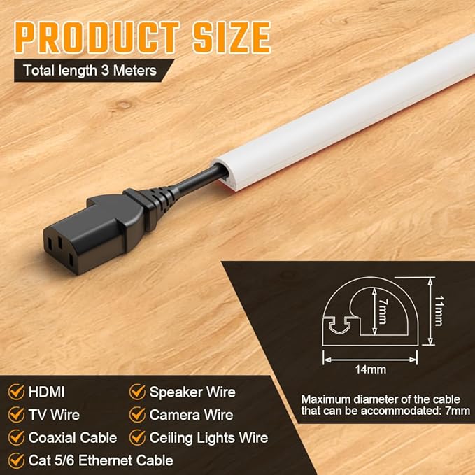AUAUY 118" Cord Hider for Wall Mount TV, Self Adhesive Silicone Cord Covers, Flexible Hiding Wires on Wall, Cable Cover Raceway Kit for Wires, Home Office, Walls & Floors, White(0.55" W x 0.43" H)