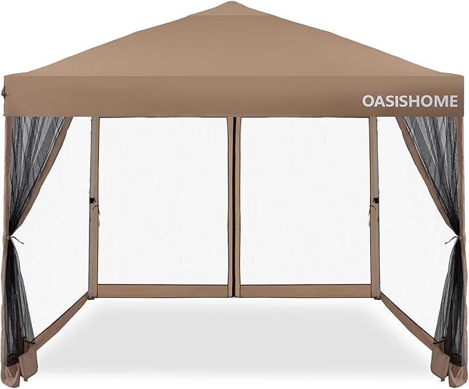 OASISHOME 10'x10' Pop-Up Gazebo Canopy Tent with Netting Sidewall & Wheeled Bag,Weight Bag, Stakes, Ropes, Waterproof, UV Protection, Heavy-Duty Steel Frame for Backyard/Outdoor/Parties (Khaki,10x10)