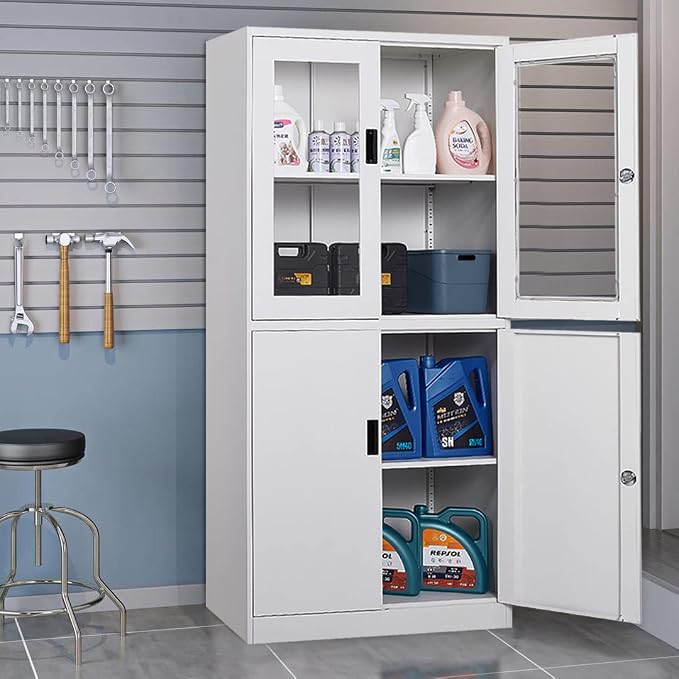 Metal Storage Cabinet with Doors and Shelves, 2 Adjustable Shelves, 4 Doors