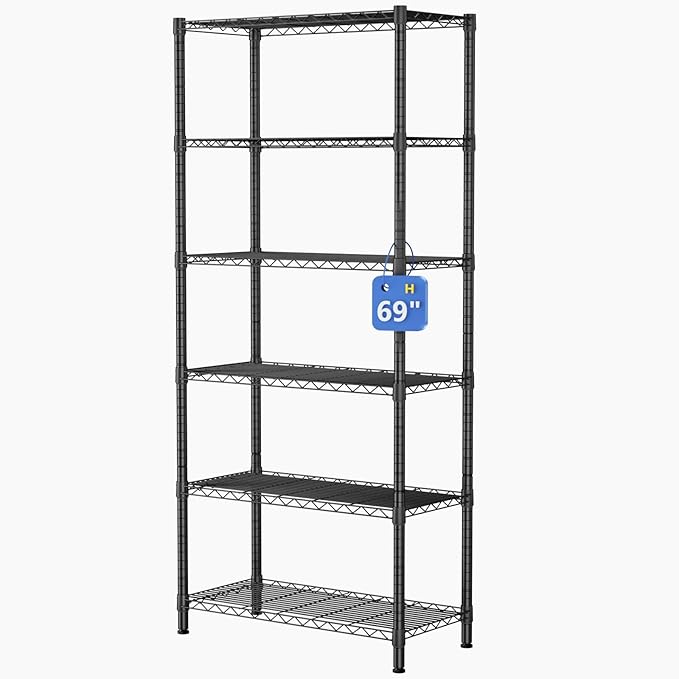 Golpart 6 Tier Adjustable Storage Shelves,Heavy Duty Metal Utility Shelf 900LBS Capacity,Wire Shelving Unit Organizer Rack for Home,Kitchen,Office,Bathroom,Pantry Room,12" D x 22" W x 69" H,Black