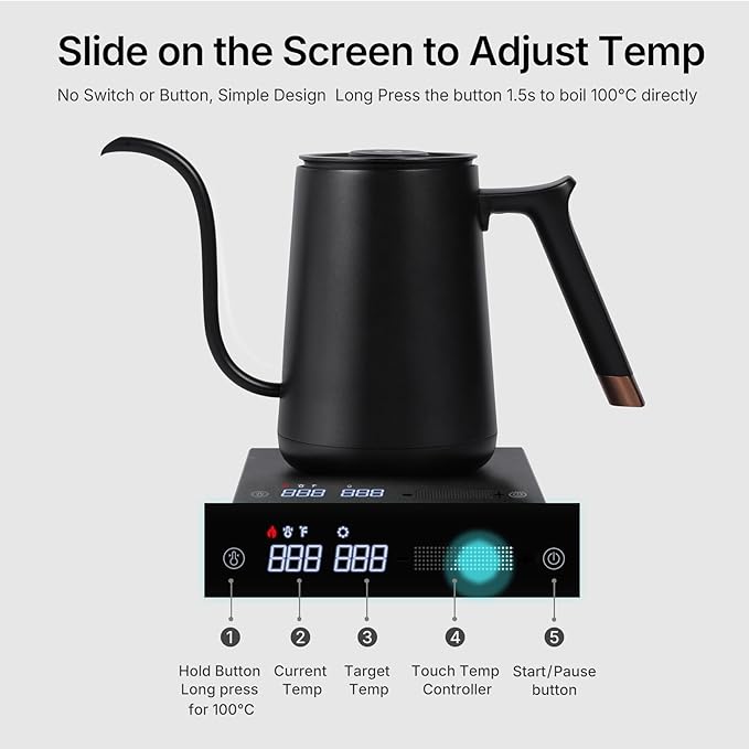 TIMEMORE Fish Smart Electric Coffee Kettle 600ML, Gooseneck Pour Over Kettle for Coffee and Tea Variable Temperature Control, Home Edition Black