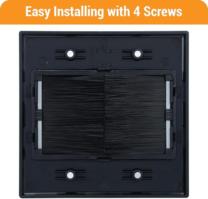 2 Gang Brush Wall Plate (Black, 4 Pack), Double Gang Cable Wall Plate for Power Cords, Low Voltage Cables and Wires in-Wall Hiding