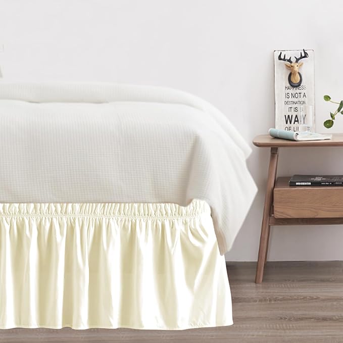 Twin Bed Skirt, Elastic Wrap Around Bed Skirt Twin Size, Bed Skirts for Adjustable Bed, Easy Fit with 14" Drop Length Tailored Drop Dust Ruffle (Light Yellow)