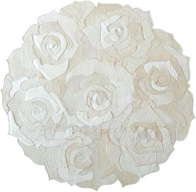 Round Floral Area Rug – Elegant Textured Rose Design – Soft Decorative Circle Mat with Non-Slip Backing for Living Room, Bedroom, Nursery, or Entryway (White_6x6 ft)