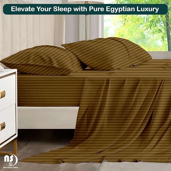 NON Sticky cotton Full Size Sleeper Sofa Sheets, 4 Piece Egyptian Cotton Bed Sheet Set for Sofa Bed, 6" Deep Pocket Fitted Sheet for Pull Out Couch Mattress, 54" x 75", Taupe Stripe, Soft & Breathable