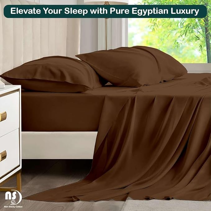 NON Sticky cotton Full Size Sleeper Sofa Sheets, 4 Piece Egyptian Cotton Bed Sheet Set for Sofa Bed, 10" Deep Pocket for Pull Out Couch Mattress, 54" x 75", Chocolate Solid, Soft & Breathable