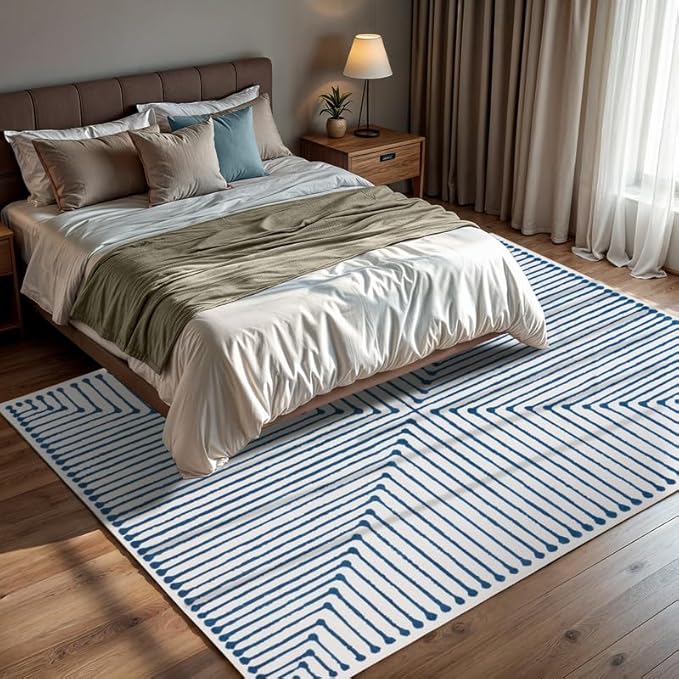 GLN Rugs Contemporary Collection - Machine Washable Area Rug, Contemporary Washable, Non Slip, Low Pile Chenille Rug, Living Room, Bedroom, Kitchen Rug (8' x 10' Blue Ivory)