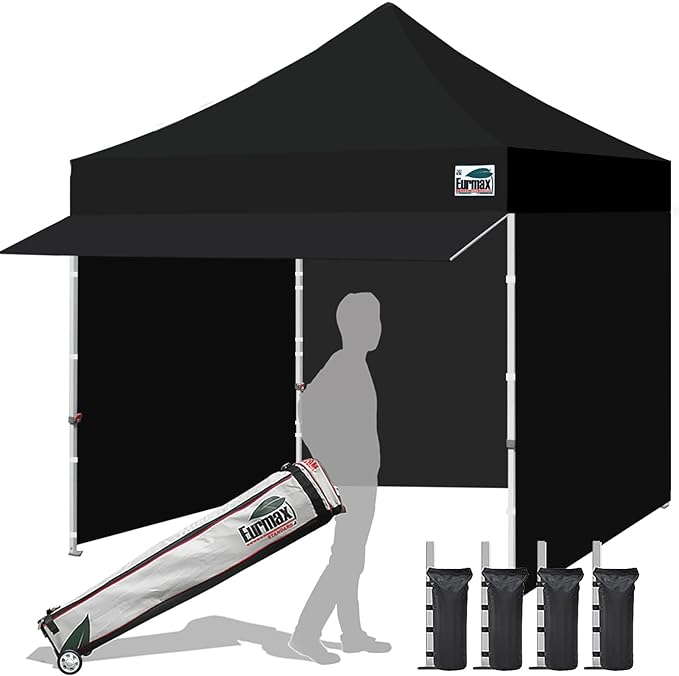 Eurmax USA 10x10 Pop Up Canopy,Commercial Tent with Patented No-Tip Rolling Bag,30sqft Extension Awning & 4 Zippered Removable Walls,UV & Water Resistant,Heavy Duty Instant Shelter Gazebo,Black