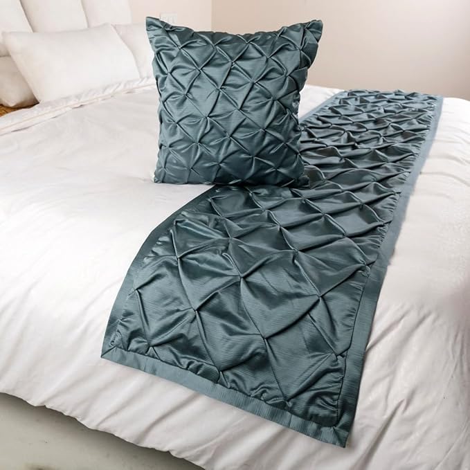The HomeCentric Decorative Blue CA King 86 x 18 inch Bed Runner Without Pillow Cover, Satin Pintucks Bed Scarf, Solid Color Modern - Satin Nights