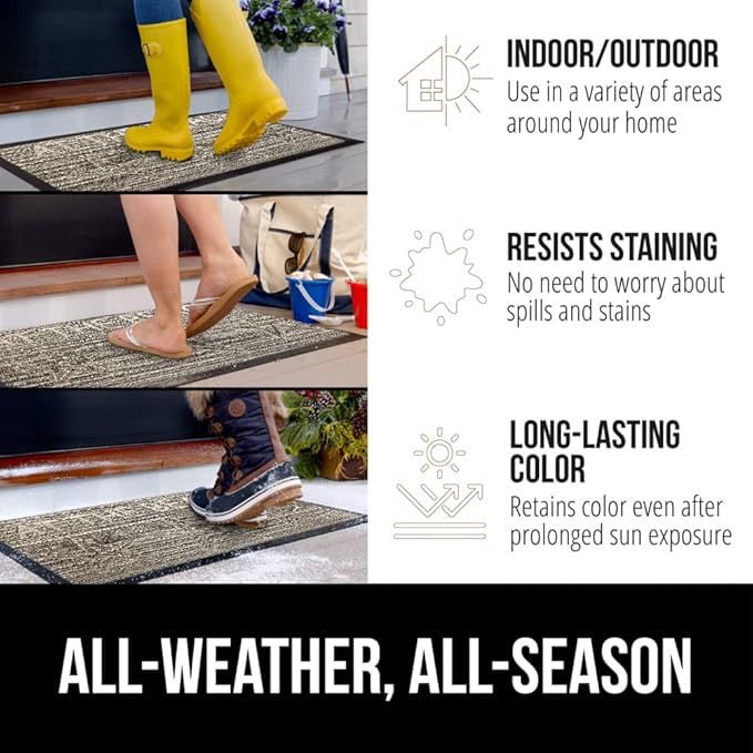 GORILLA GRIP 100% Waterproof All-Season WeatherMax Doormat 35x23, US Designed Natural Rubber, Stain and Fade Resistant, Low Profile Indoor Outdoor Door Mats, Easy Clean Patio Mat, Sand Beach
