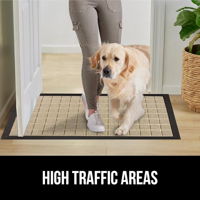GORILLA GRIP 100% Waterproof All-Season WeatherMax Doormat US Designed Natural Rubber, Stain and Fade Resistant, Low Profile Indoor Outdoor Door Mats, Easy Clean Patio Mat, 17x29, Taupe Grid