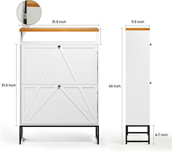 PARTPHONER Shoe Storage Cabinet with 2 Flip Drawers, Modern Hidden Shoe Storage Organizer, Narrow Wooden Freestanding Shoe Rack with Motion Sensor Light, Hallway, Foyer, White