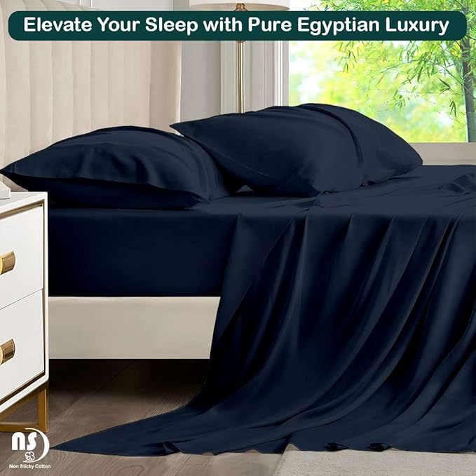 NON Sticky cotton Twin Size Sleeper Sofa Sheets, 4 Piece Egyptian Cotton Bed Sheet Set for Sofa Bed, 6" Deep Pocket Fitted Sheet for Pull Out Couch Mattress, 39" x 75", Navy Blue Solid