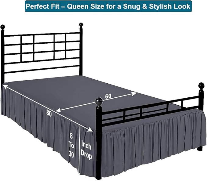 Shreem Linen Ruffled Bed Skirt with Split Corners, Gathered Style, 100% Microfiber, 18-Inch Drop, Dust Ruffle Bedskirt with Platform, Queen, Dark Grey