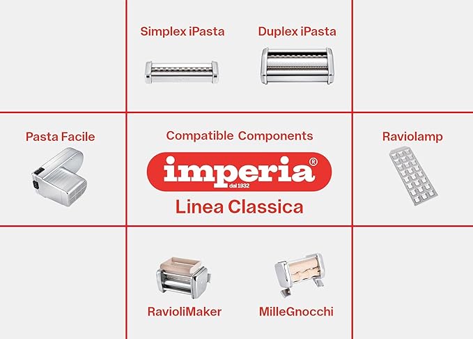 Imperia Pasta Maker Deluxe Gift Set w Accessories- Includes Pasta Machine, Ravioli Mold Press, Wooden Rolling Pin plus 2 Cutter Attachments for Adjustable Thicknesses- Made in Italy Steel Construction