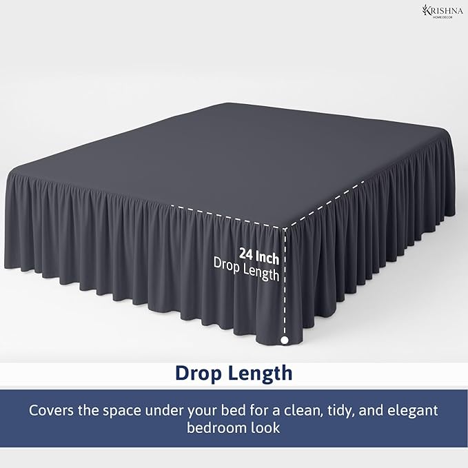 KRISHNA Ruffled Bed Skirt with Split Corners Queen, 100% Microfiber Hotel Quality, 24 Inch Drop Dust Ruffle Gathered Bedskirt with Platform, 60" x 80", Dark Grey