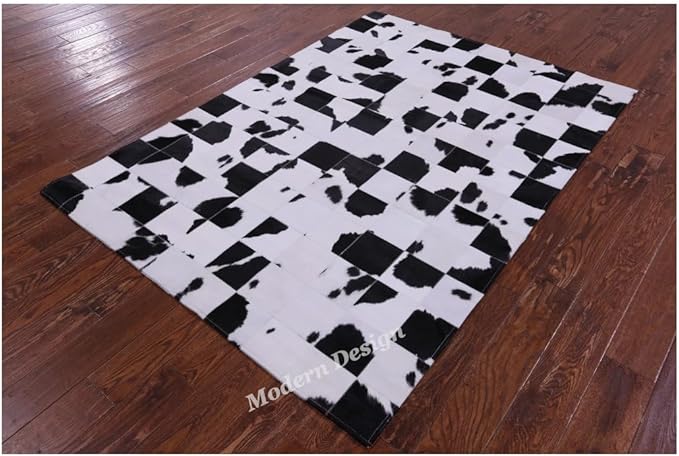 Modern Design Premium Cowhide Leather Carpet with Chevron Pattern, Area Rug (Black/White, 2x3)