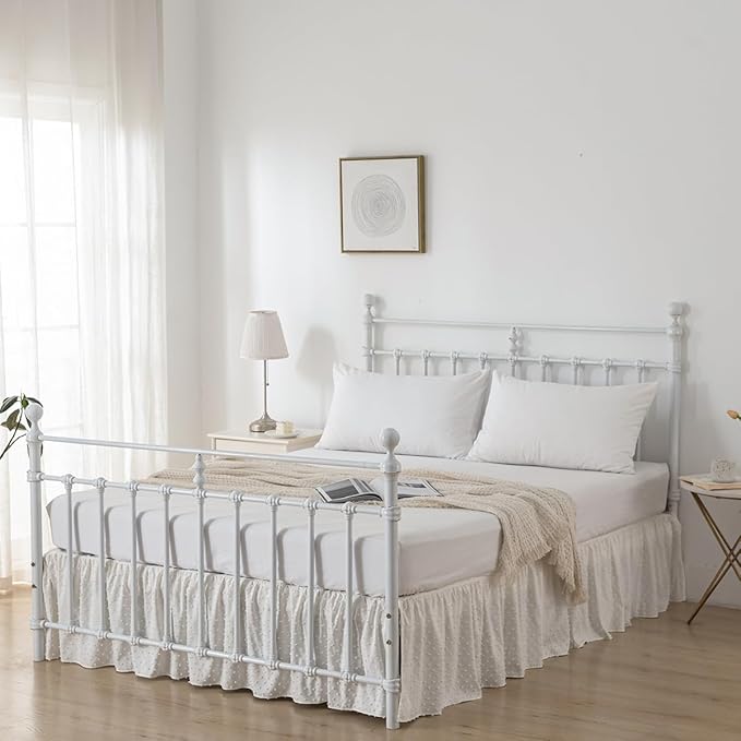Tufted Dot Bed Skirt Queen Size Ruffled Bed Skirt with Split Corners, 16 Inch Drop Dust Ruffle Bed Skirts with Platform, Ivory