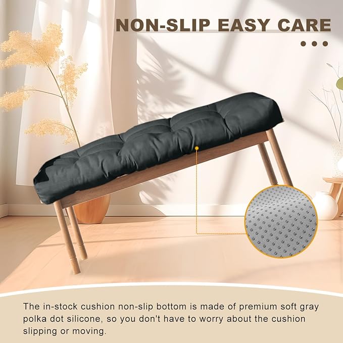 Bench Cushion 48 inches,Indoor/Outdoor Non-Slip Tufted Cushions, Premium Waterproof Linen, Soft Piano Sofa Cushions, High-Density Memory Foam(Black-48x16 x 4 in)