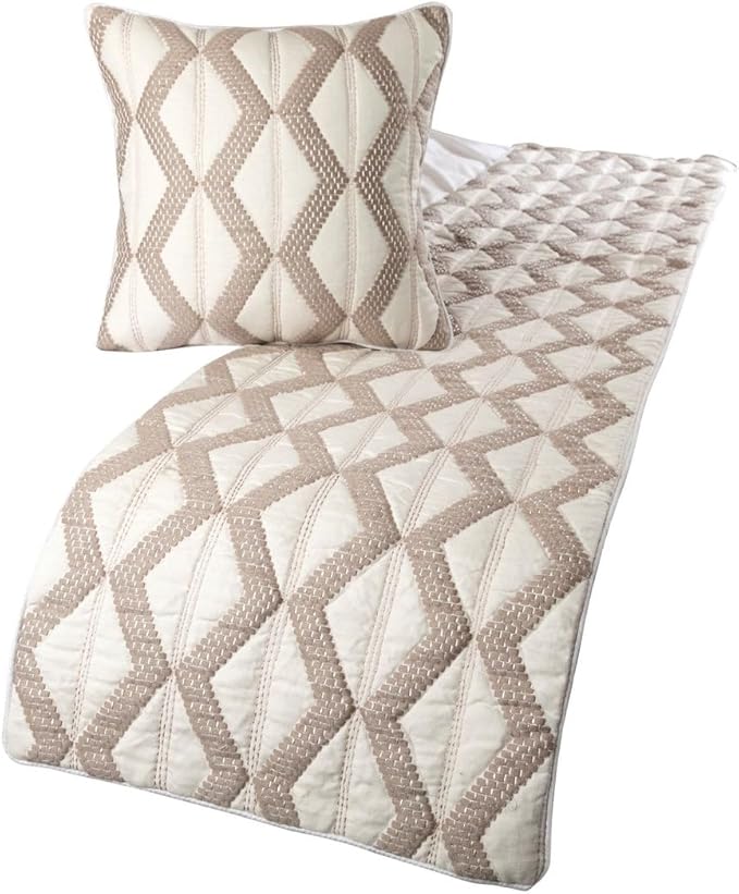The HomeCentric Ivory Bed Runner, Full Size 68"x18" Decorative Bed Runner with Matching Pillow Cover, Ivory & Taupe Linen Bed Scarf in Quilted Pattern & Linen Embroidery - Pattern Flatter