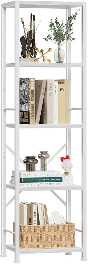 Furologee White Bookshelf 5 Tier Bookcase, Tall Narrow Bookshelves, Modern