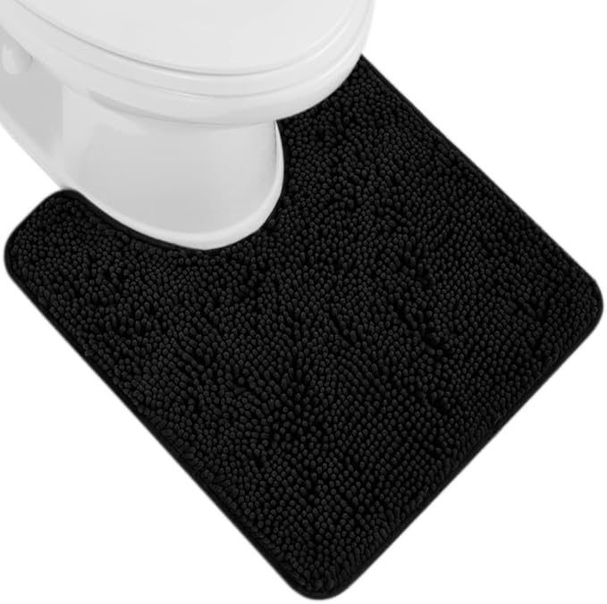 GORILLA GRIP Plush Absorbent Shaggy Chenille Bath Rug Mat for Oval Toilet Base with Rubber Backing, Machine Washable Rugs, Soft Microfiber Contour Mats for Toilets, Bathroom Decor, Black