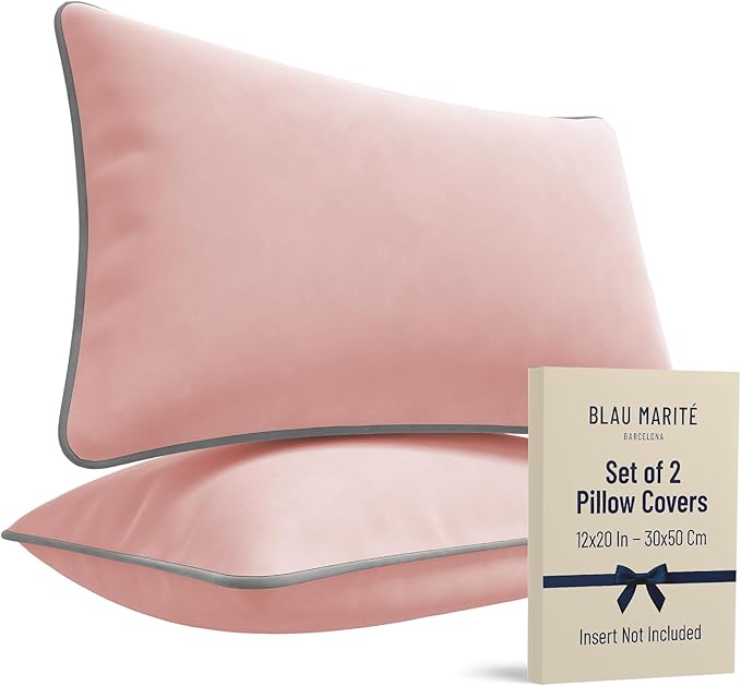 2 Pack Velvet Decorative Throw Pillow Covers, 12"x20", Pink and Grey, Solid, Modern, Contrast Piping, Indoor Use, Bedroom & Living Room