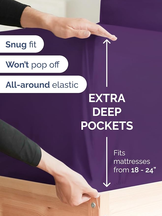 Extra Deep Full Fitted Sheet - Hotel Luxury Single Fitted Sheet Only - Easily Fits 18 inch to 24 inch Mattress - Ultra Soft, Wrinkle Free w/Extra Deep Pockets - Easy-Care, Breathable & Comfy - Purple