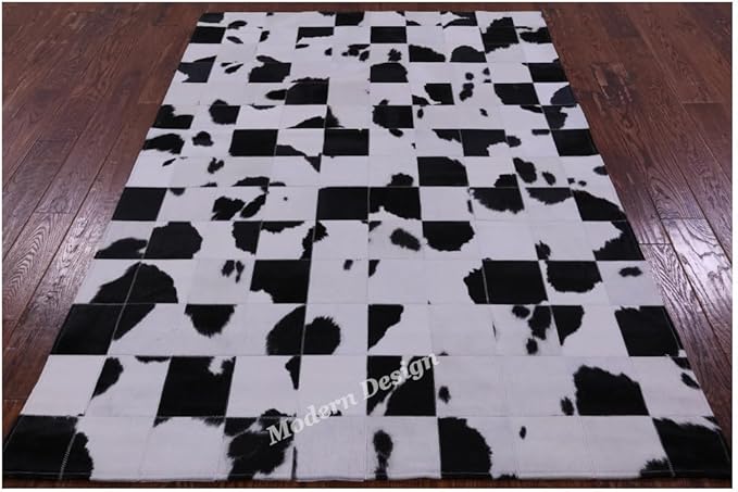 Modern Design Premium Cowhide Leather Carpet with Chevron Pattern, Area Rug (Black/White, 12x15)